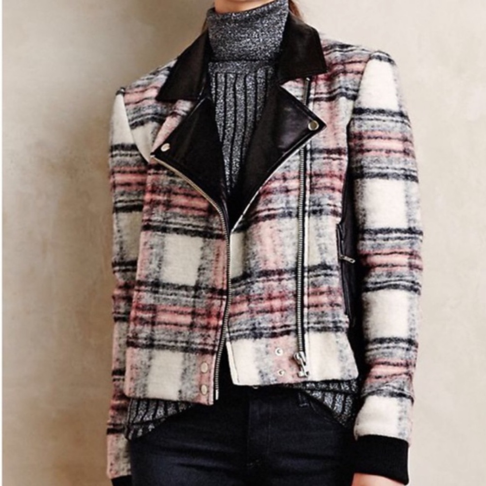 Paige Farrah Plaid Wool Leather Moto Jacket Pink Black Women's Size S - Picture 2 of 16
